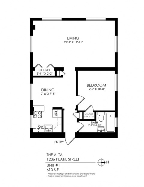 Floor plan for 1 bed, 1 bath, 460 sqft